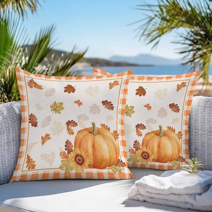 Thanksgiving Day Outdoor Pillow Covers Set of 2, Autumn Pumpkins Sunflowers Decorative Waterproof Throw Pillowcase Fall Leaves Plaid Cotton Linen Soft Cozy Cushion Cover Pillowsham 20x20In
