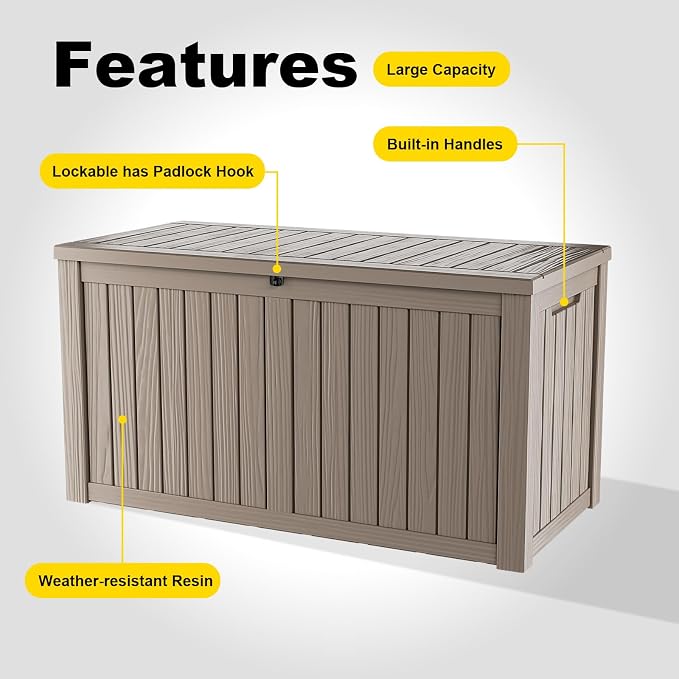 PatioZen 180 Gallon Deck Boxes Outdoor Waterproof, Weatherproof Outdoor Storage Boxes Lockable for Patio Furniture, Pool Supplies,Garden Tools(Grey)
