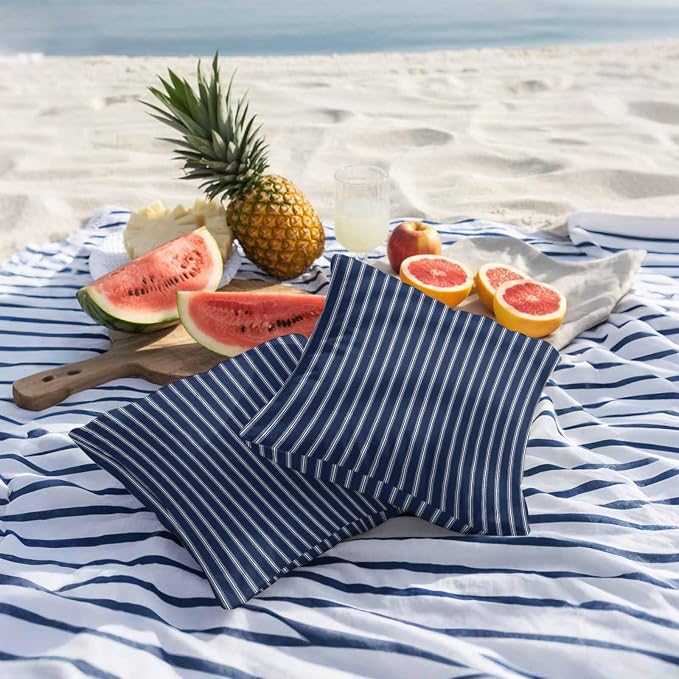 Navy Blue Striped Outdoor Pillow Covers 16x16 Inch Throw Pillow Covers Set of 2 Waterproof Decorative Pillow Cases Navy Blue White Farmhouse Stripes Cushion Covers for Patio Furniture Garden Couch