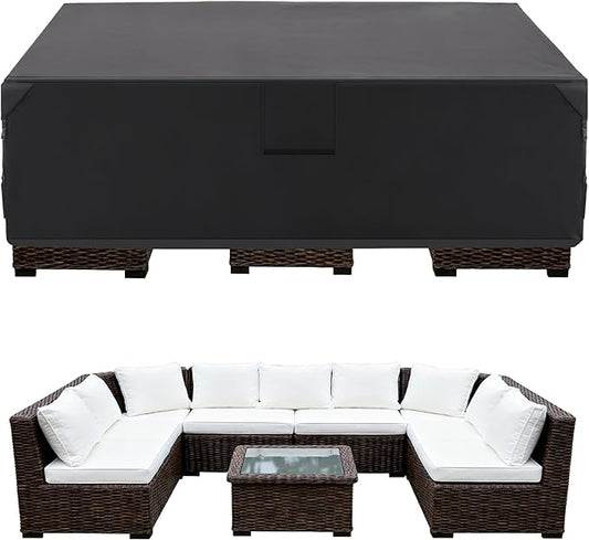 DUMOS Outdoor Furniture Cover, Rectangular Heavy Duty 600D UV Resistant & Waterproof Patio Furniture Covers for Deck Table and Chairs, Backyard Patio Dining Sets, 111"L x 74"W x 28"H, Black
