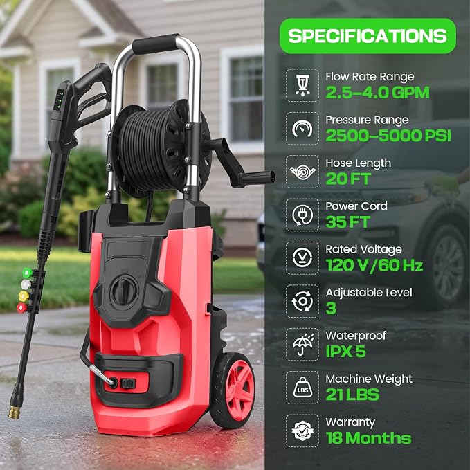 2026 New Pressure Washer 5000 PSI with 3 Levels Adjustable Pressure Gun, Portable Pull-Handle, 4 Nozzles and Foam Cannon, Heavy Duty Power Washer for Home/Car/Fence/Garden, Red