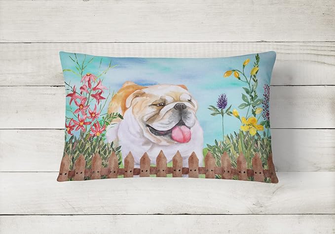 Caroline's Treasures CK1201PW1216 English Bulldog Spring Canvas Fabric Decorative Pillow Machine Washable, Indoor Outdoor Decorative Pillow for Couch, Bed or Patio, 12HX16W