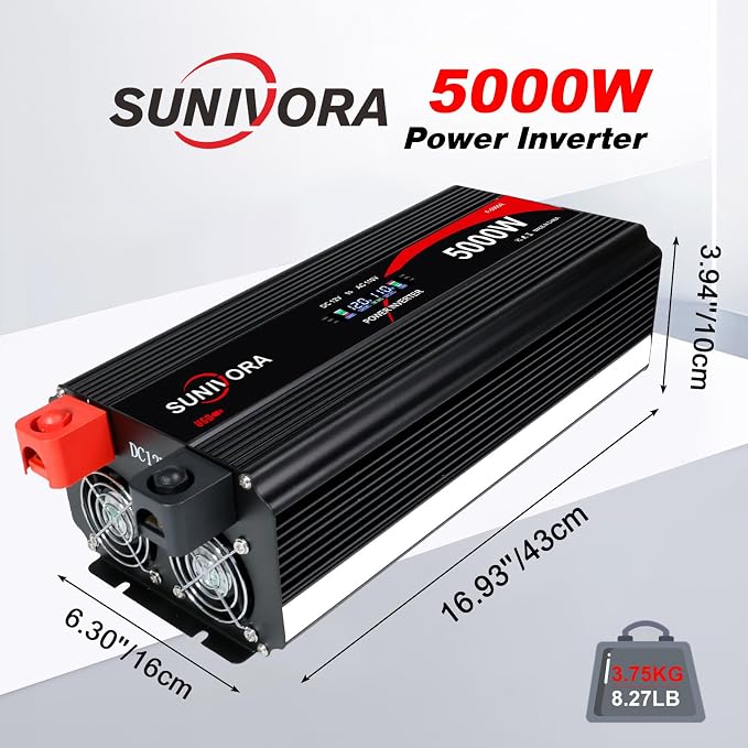 5000 Watt Power Inverter 12V to 110V/120V DC to AC Converter 10000W Peak, with Remote Control & LCD, 4 AC Outlets & USB Ports & Hardwire Terminal for Vehicle Car Truck Boat RV Camping Solar System EPS