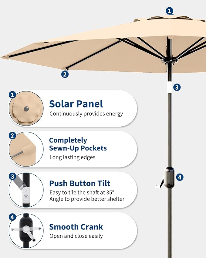 GarveeLife 9 ft Patio Umbrella with Solar Lights, 8 Ribs Outdoor Market Table Umbrella with 32 LED Lights & Tilt Crank for Pool, Deck, Backyard, Tan