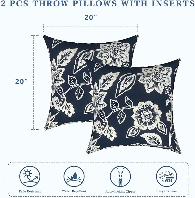 LVTXIII Outdoor Pillows 20x20 Inch, 2 Pack Large Decorative Square Throw Pillows with Inserts for Couch, Bed, Floor Seating, Patio Furniture, Elegant Vines Navy