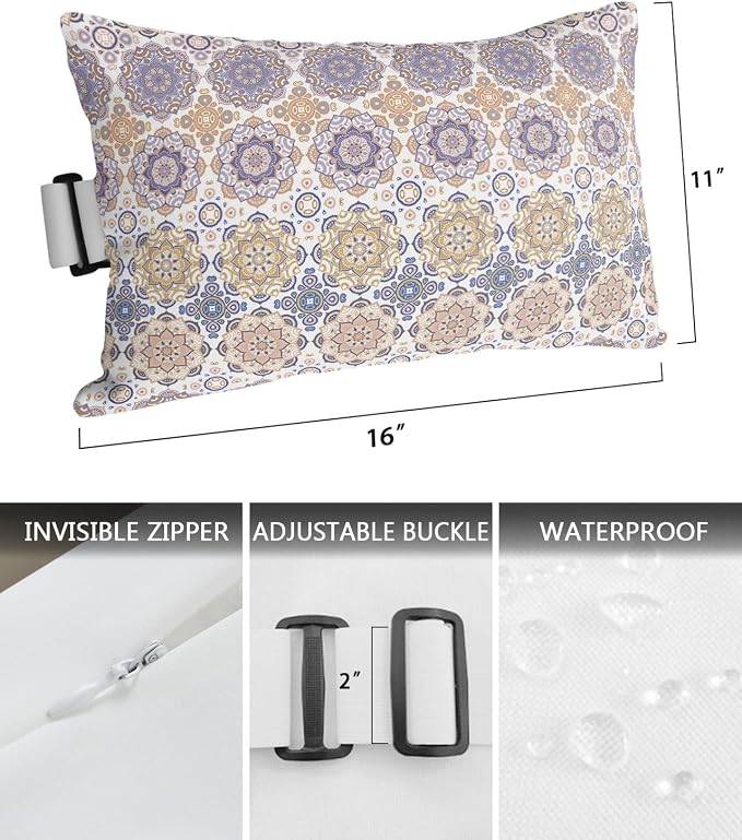 Outdoor Pillows Covers with Inserts Bohemia Mandala Floral Ethnic Pattern Rustic Waterproof Recliner Pillow with Adjustable Strap Throw Pillows for Patio Furniture Pool Lounge Chair, 11x16 inch, 1PCS