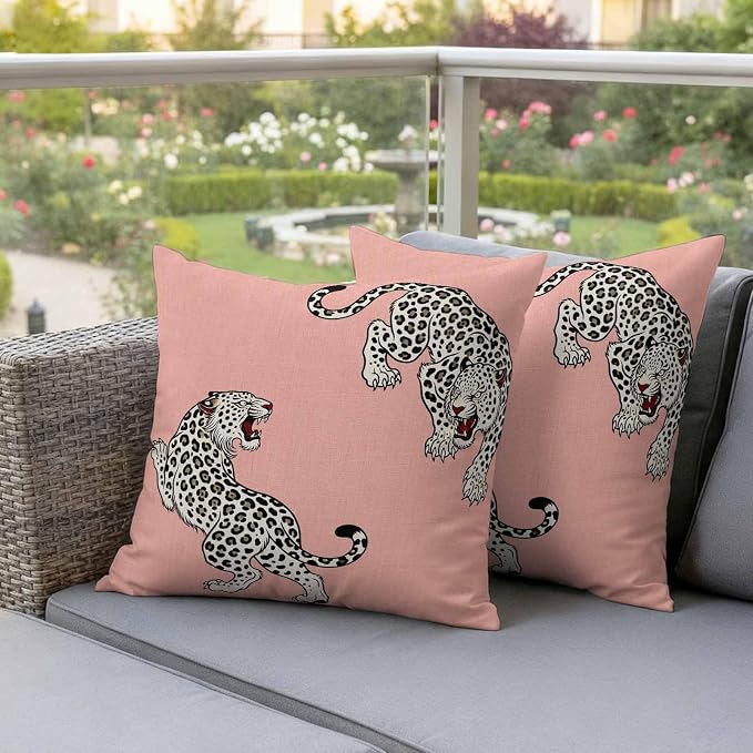 Vandarllin Outdoor Throw Pillows Covers 16x16 inch Set of 2 Waterproof Pink Leopard Decorative Zippered Cushion Covers for Patio Furniture, Bohemian Animal Print Lumbar Pillowcases
