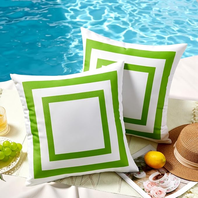JOJOGOGO 18x18 Apple Green Frame Outdoor Throw Pillow Covers Waterproof and Sunproof Set of 2, White and Green Outdoor Decorative Throw Pillows for Patio Furniture and Porch Decor(Without Inserts)