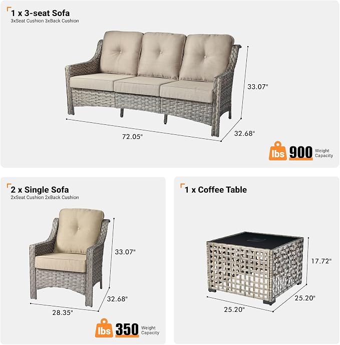 ovios 4 Piece Outdoor Patio Furniture with 3 Seat Sofa,Rattan Wicker Coversation Set with High Back,Sectional Single Sofa with Ottoman for Outside Porch Balcony Backyard Pool, Beige