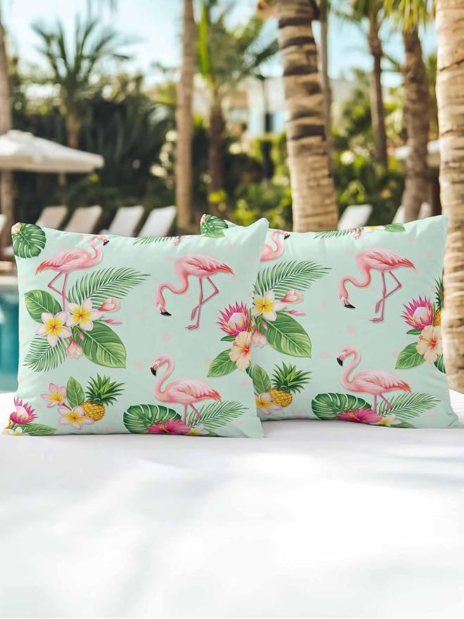 Outdoor Waterproof Throw Pillows 18x18in, Summer Flamingos Tropical Leaf Patio Pillows Pack of 2, Decorative Pillow Covers with Insert, Pillow Cushion Case for Garden Couch Sofa Pink Flower Pineapple