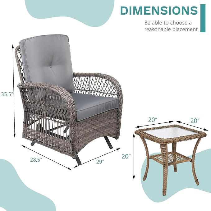 MEETWARM 3 Pieces Outdoor Patio Wicker Rocking Glider Set, Rocking Chairs Rattan Patio Furniture Sets with Glass-Top Coffee Table and Thickened Cushion, Conversation Bistro Set, Gray