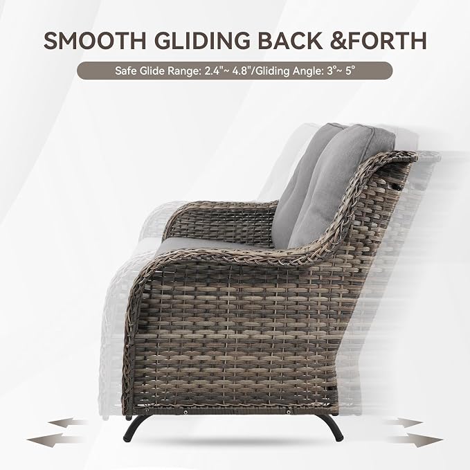 Patio Loveseat Glider Set, Resin Wicker Loveseat Glider with 2 Swivel Patio Chiars and Coffee Table, 4 Piece Patio Bistro Set Furniture Set Loveseat Set, Grey Wicker | Grey Cushions