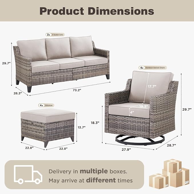 Belord Patio Wicker Swivel Rocker Patio Chairs with 3-Seater Sofa, Outdoor Rattan Chairs for Deck Porch Poolside, 9 Piece Patio Conversation Furniture Set,Beige