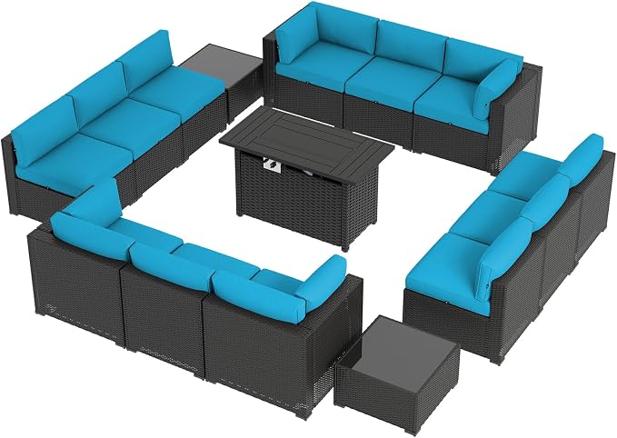 Aoxun 15 Piece Patio Furniture Set with 44” Fire Pit Table, Wicker Rattan Patio Sectional Sofa, Outdoor Furniture Set with Thickened Cushion, Peacock Blue