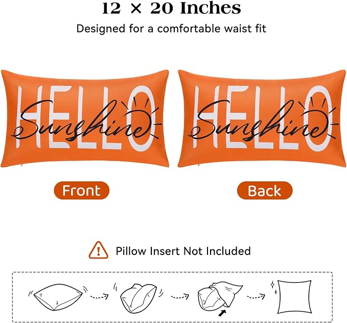 Lewondr Waterproof Outdoor Throw Pillow Cover, 12×20", Orange | 2 Pack, Hello Sunshine Printing, Summer Garden Decor, For Patio Sofa, Balcony Couch, Bench Porch