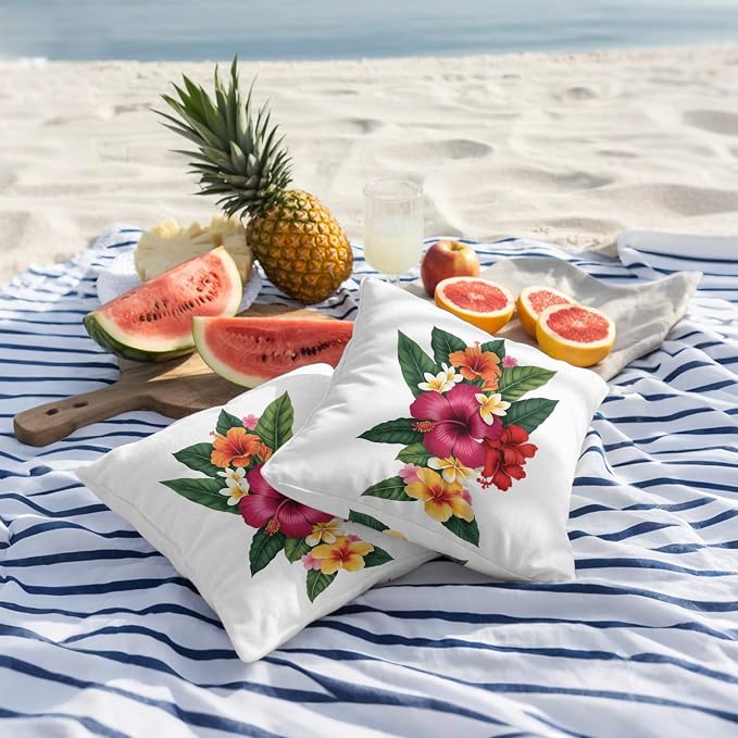 Pink Red Yellow Hibiscus Outdoor Pillow Covers 16x16 Inch Throw Pillow Covers Set of 2 Waterproof Decorative Pillow Cases Farmhouse Tropical Floral Cushion Covers for Patio Furniture Garden Couch Sofa