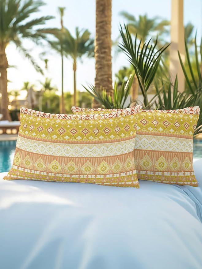 Waterproof Outdoor Pillow Set of 2 Yellow Bohemian Decorative Throw Pillows Cover & Insert 20x12 Inch Lumbar Pillowcase Boho Style Floral Leaves Geometric Pillows for Couch Sofa Bed Patio Furniture
