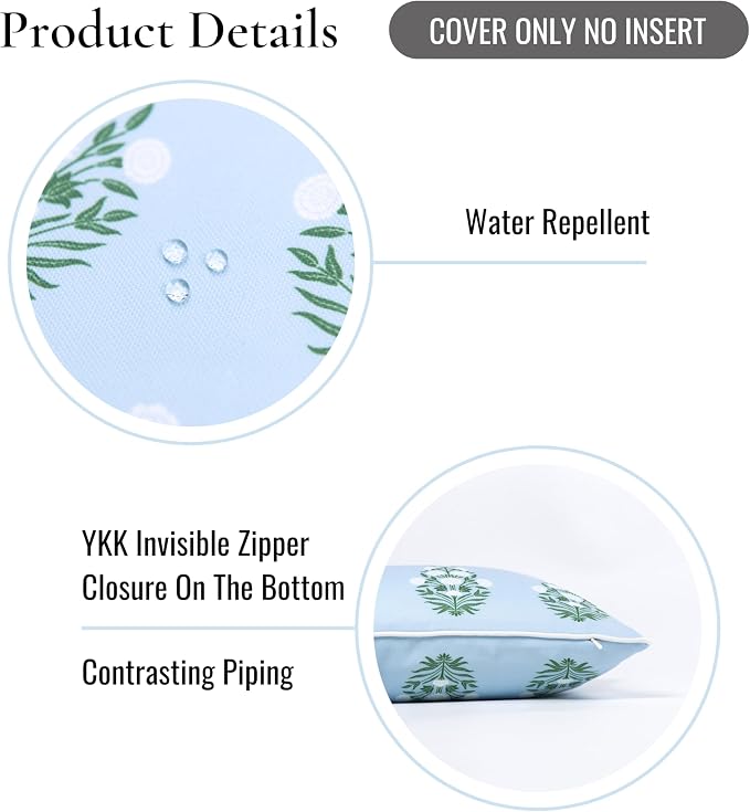 Hofdeco Premium Coastal Grandmillennial Patio Indoor Outdoor Lumbar Pillow Cover Only, 12"x26" Water Repellent for Backyard, Couch, Poolside, Baby Blue Green Print Flower