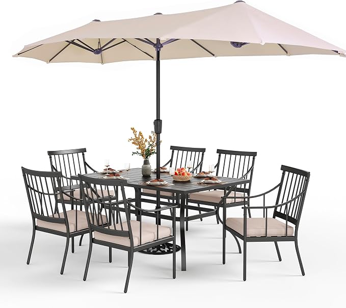 PHI VILLA 7 Piece Patio Dining Set, Rectangular Metal Table | Metal chairs, Fixed Chair, 13ft Large Beige Umbrella, 1.57" umbrella hole, Cushions, powder-coated