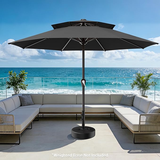 AreShark 12ft 2 Tiers Patio Umbrella - Outdoor Umbrella Waterproof UV Protection, Market Table Umbrella w/ 8 Sturdy Ribs&Crank for Pool, Porch, Garden(Black)