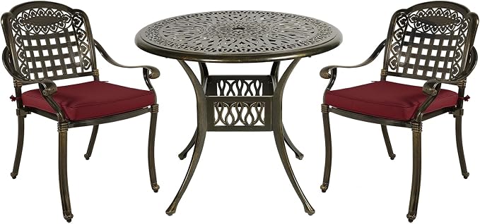 MEETWARM 3 Piece Patio Bistro Set, Outdoor All-Weather Cast Aluminum Dining Furniture Set Includes 2 Chairs with Cushions and a 35.4” Round Table with Umbrella Hole for Garden Deck, Chili Red