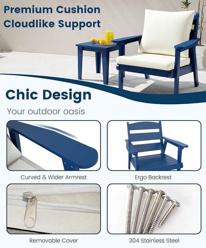 FOOWIN 4-Piece Patio Furniture Set, HDPE All-Weather Outdoor Conversation Set with Thick Cushions, Sectional Patio Sofa Furniture for Deck, Porch, Lawn, Garden, Navy Blue Frame & White Cushion