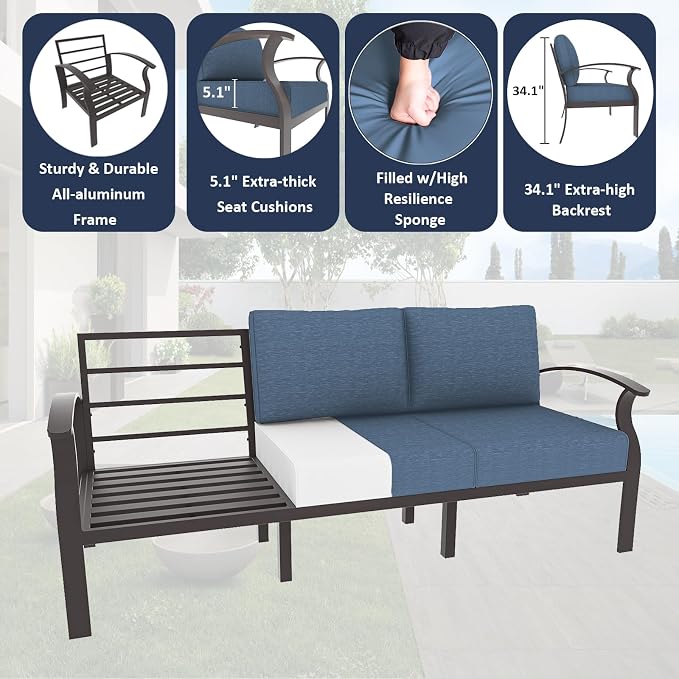ALAULM Aluminum Patio Furniture Set with Propane Fire Pit Table 9-seat Metal Outdoor Furniture w/Swivel Chairs Patio Sectional Sofas w/2 Ottomans for Porch, Backyard, Poolside-Dark Blue