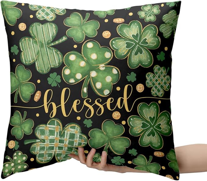 2 Pack St Patricks Day Pillow Covers Lucky Blessed Decorative Pillow Cases 22x22 Gold Coin Shamrock Clover Cushion Cases Saint Patricks Day Decorations for Home Sofa Couch