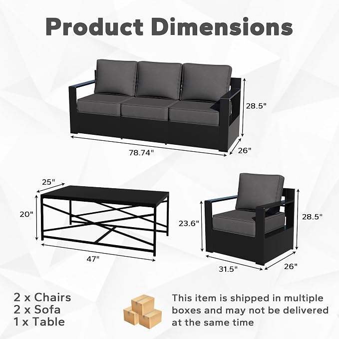 Outdoor Aluminum Furniture Set, 4-Piece Patio Conversation Set, 2 Chairs, 2 Sofa and 1 Table, All-Weather Metal Frame, 6" Thick Removable Cushions, Deep Setting for Garden, Poolside and Porch