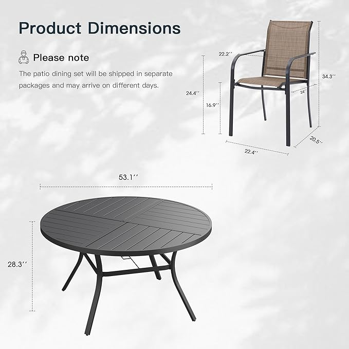 VICLLAX 9 Pieces Patio Outdoor Dining Set, 53" Round Metal Table with Umbrella Hole and 8 Stackable Textilene Chairs for Patio, Lawn, Garden, Porch, Black/Brown