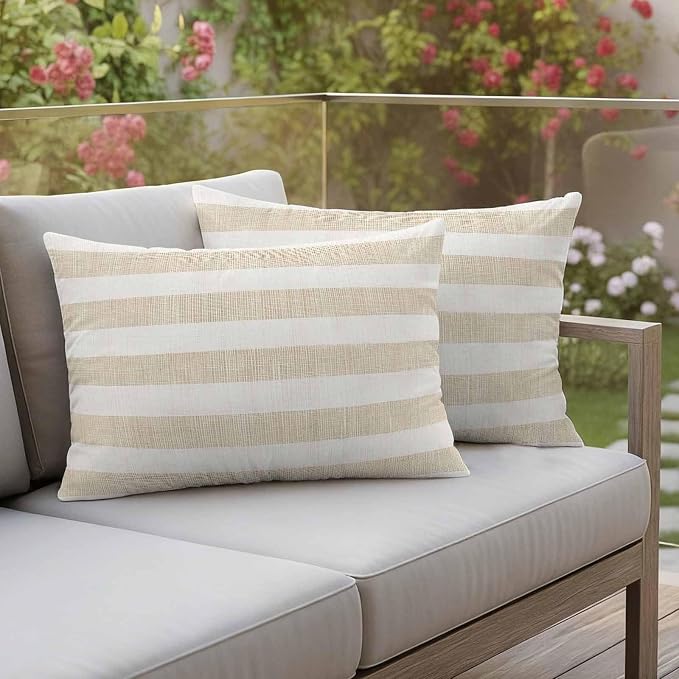 Waterproof Pillow Covers Set of 2,Vintage Yellow Stripe on Linen Outdoor Pillow Protectors with Zipper Pillowcases for Patio Tent Garden Beach 20x12 Inches Farmhouse Line