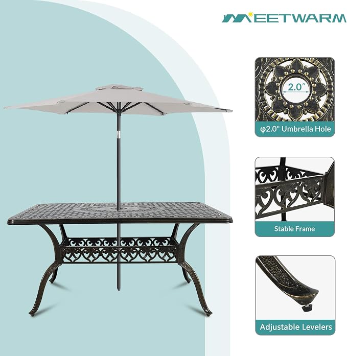 MEETWARM 7-Piece Outdoor Patio Dining Set, All-Weather Cast Aluminum Patio Conversation Set with 4 Stationary, 2 Swivel Rocker Chairs, 1 Rectangular Table, 6 Cushions, 2" Umbrella Hole, Navy Blue