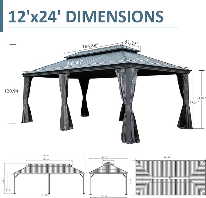 Domi 12' X 24' Hardtop Gazebo, Upgraded Metal Gazebo with Drainage System, Dual-Layer Galvanized Steel Roof, Curtain and Netting, Outdoor Shelter Canopy for Patio, Garden, and Backyard, Grey