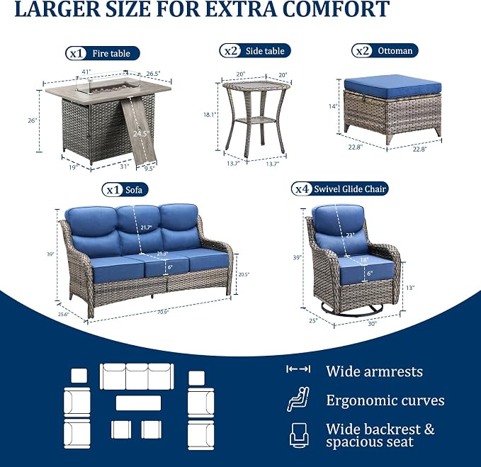 Luxury Swivel Rocker Chairs Fire Pit Set with 6" Thick Cushion 10 piece Wicker Outdoor Patio Chair with Sofa and Ottoman,Comfortable High Back Outdoor Patio Furniture Set - Gery | Blue
