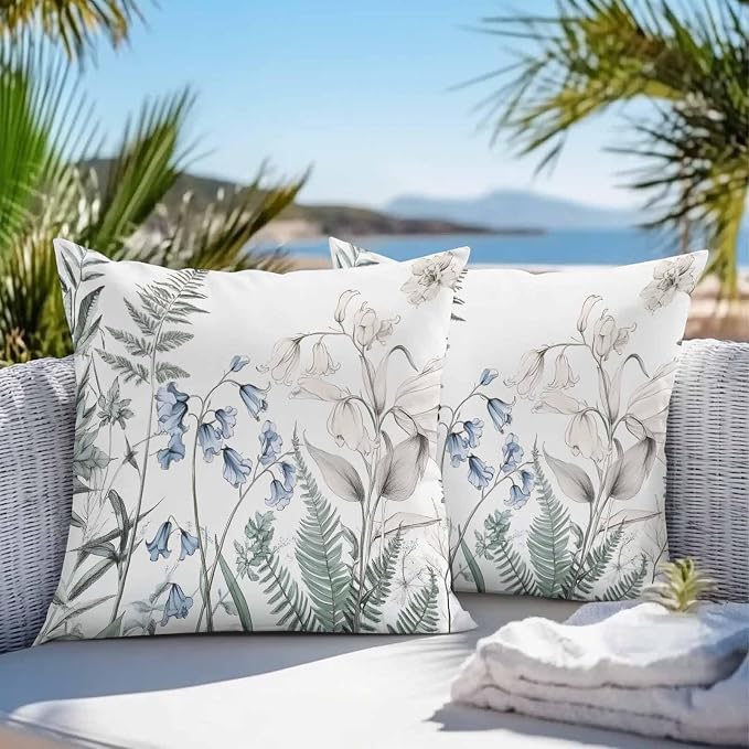 Throw Pillow Covers 18x18 Inch Set of 2, Blue Beige Floral Waterproof Outdoor Pillow Covers, Farmhouse Botanical Decorative Cushion Pillowcases for Couch, Sofa, Bed, Garden, Patio