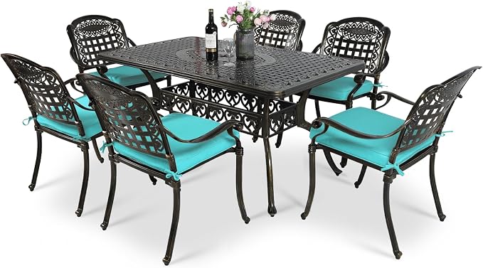 VIVIJASON 7-Piece Patio Furniture Dining Set, All-Weather Cast Aluminum Outdoor Conversation Set, Include 6 Cushioned Chairs and a Rectangle Table with Umbrella Hole, Ocean Blue Cushion