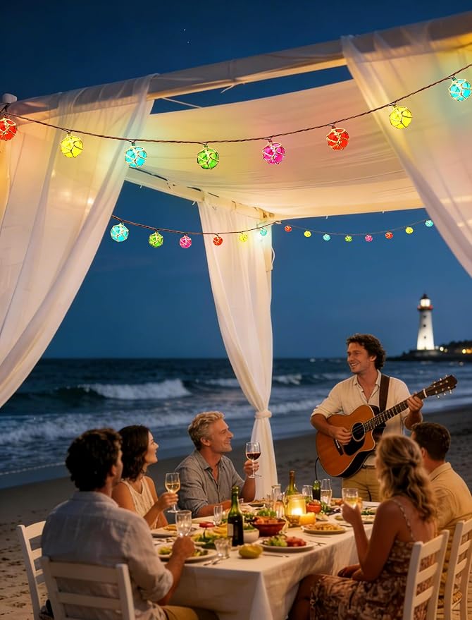 8.5Ft Nautical Fishing Float String Lights,Plug in Beach Themed Buoy Lights | Set of 10 LED Tiki Bar Lights Indoor, Beach Camping, Bedroom Decor and Outdoor Patio Decorations-Multicolor