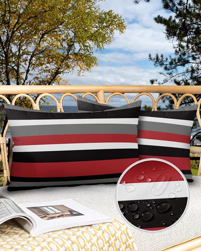 Multicolor Horizontal Stripes Outdoor Pillow Covers Set of 2, Decorative Waterproof Throw Pillow Case, Red White Gray Cotton Linen Soft Cozy Cushion Pillowcases