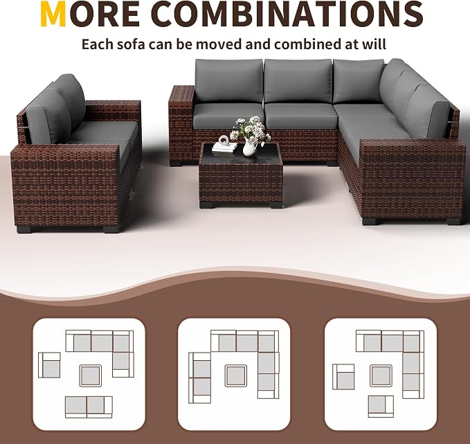 Outdoor Patio Furniture Set, 8‘’ Wide armrest Outdoor Sectional Rattan Sofa Set, Wicker Patio Furniture Sets w/Coffee Table,Thick Cushions for and Cover for Porch, Deck,8 PCS(Brown&Grey)