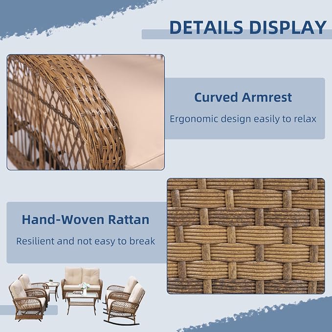 7-Piece Wicker Patio Furniture Sets Outdoor All-Weather Rattan Conversation Set Includes Glider Loveseat, 2 Glass-Top Coffee Tables, 2 Glider-Rocker Chairs for Porch Backyard, Light Brown