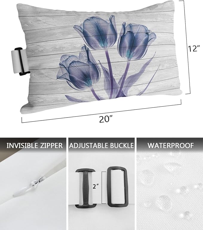 Outdoor Pillows Covers with Inserts Abstract Transparent Blue Flower Tulip Wood Grain Waterproof Pillow with Adjustable Strap Throw Pillows for Patio Furniture Recliner Lounge Chair, 12x20 inch, 1PCS
