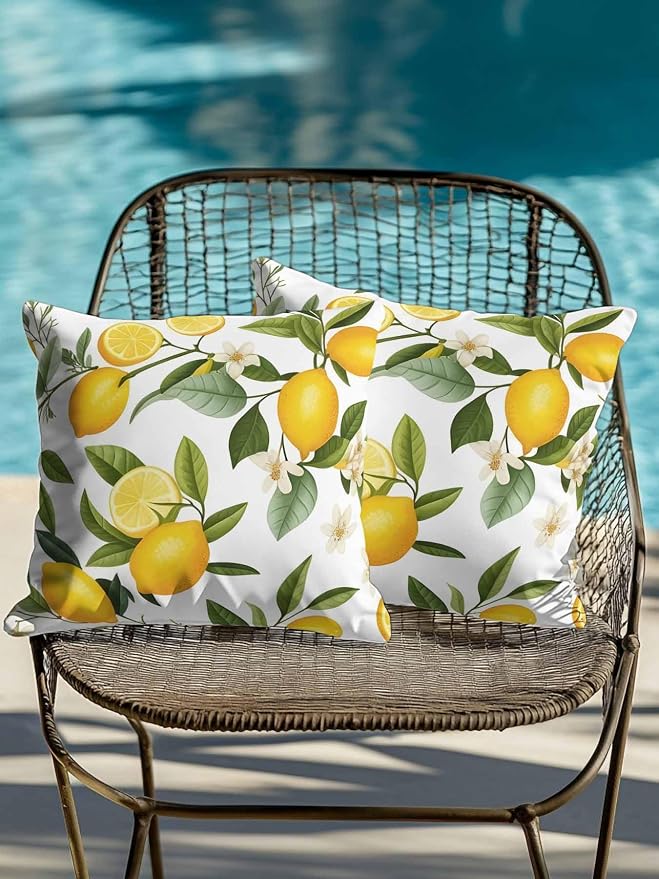 Outdoor Waterproof Throw Pillows Watercolor Lemon Green Leaves Flower Patio Pillows Pack of 2,Decorative Pillow Covers with Insert,Pillow Cushion Case for Garden Couch Sofa Farm Fruit Harvest
