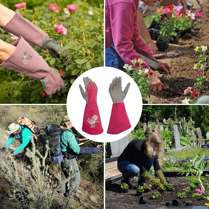 Rose Pruning Gloves with Forearm Protection, Thorn Resistant | Embroidery Design with Extra Long Cuff for Gardening and Pruning Tasks