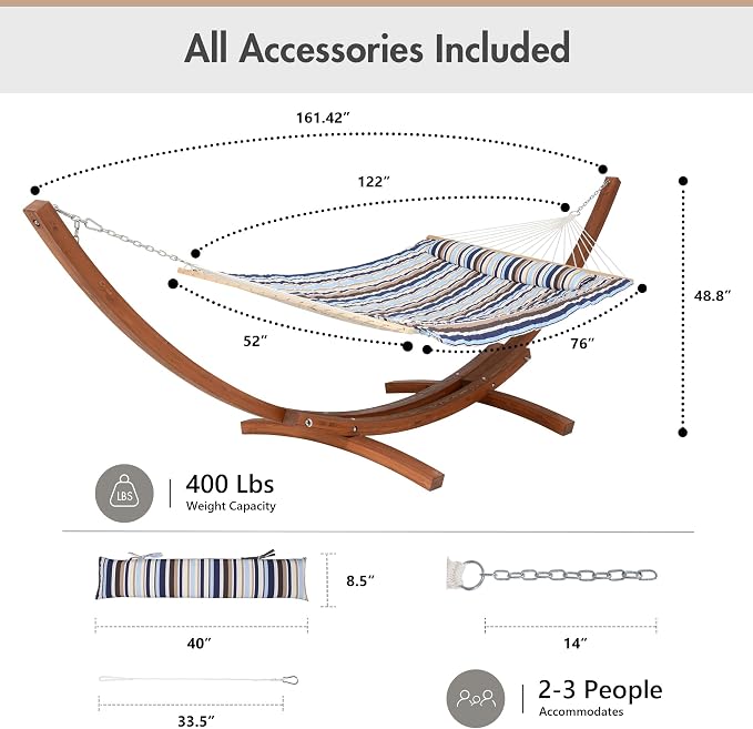 ANOW 13.5FT Curved Wood Stand with Double Hammock, Heavy Duty Larch Wood Arc Stand with 2 Chains, 4 Balance Ropes and 4 Carabiners, Includes Blue Seaside Rope Hammock with Spreader Bars
