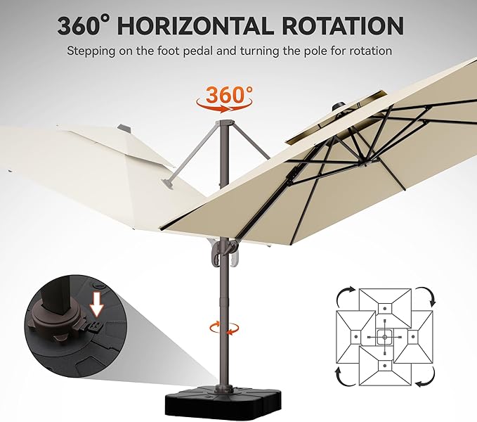GENTEACO 10X10 FT Cantilever Umbrella with Base Included, Large Offset Patio Umbrella with Double Top, 6 Angle Tilts & 360° Rotation, Large Square Sun Umbrellas for Outdoor Pool Market, Beige