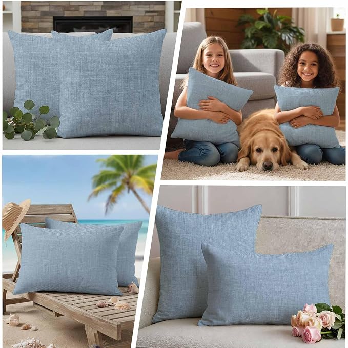 Outdoor Waterproof Throw Pillow Covers Set of 2 Sky Blue Linen Pillowcases 16x16 Inches Farmhouse Pure Color Decorative Pillows Cushion Case Patio Pillows for Couch Bed Chair Garden