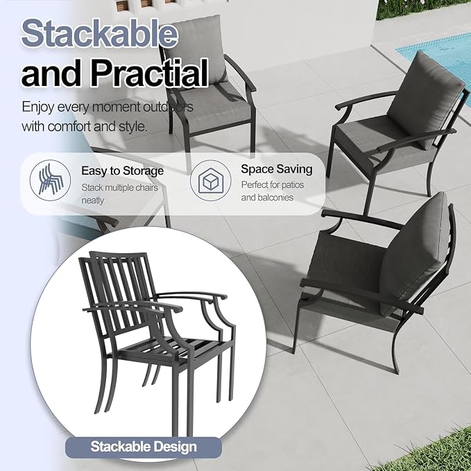 7 Piece Outdoor Dining Set for 6, Metal Patio Table and Chairs with Cushions, Patio Furniture Set with 2 Swivel Chairs, Rectangular Metal Dining Table with Umbrella Hole, Lawn Deck Yard-Grey