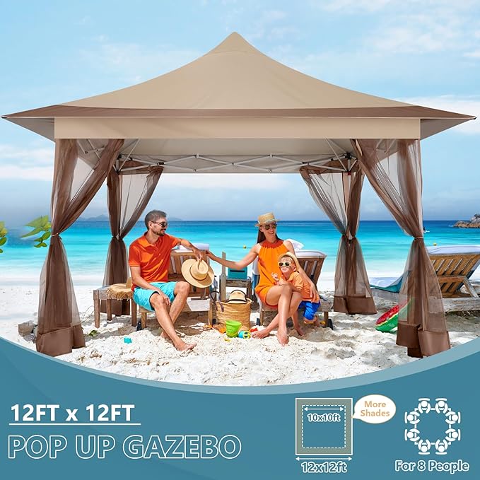 COBIZI 12x12 Pop Up Gazebo On Clearance,Outdoor Canopy Tent with Mosquito Netting,UPF50+,Adjustable Height and 144 Square ft of Shade for Party, Backyard, Gardens with Superior Peaked Roof（Khaki）