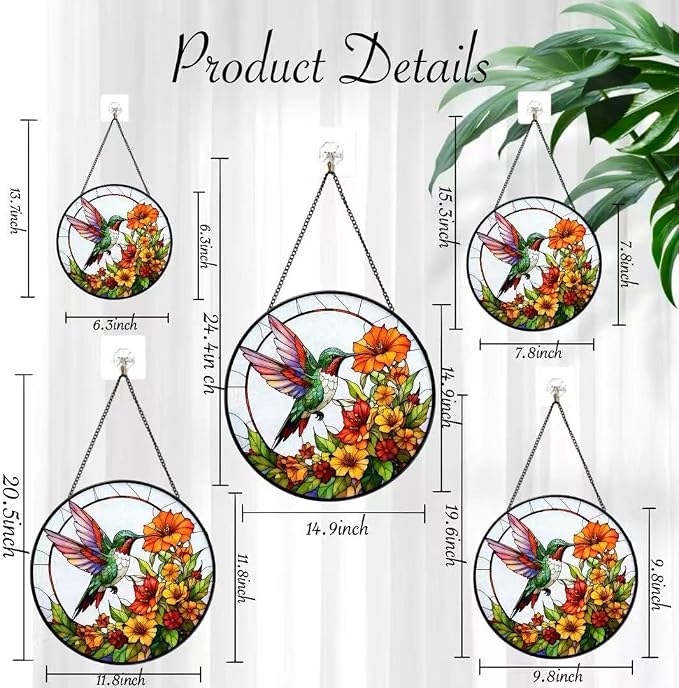 Stained Glass Window Hanging - Hummingbirds are Collecting Nectar 7.8 Inches Suncatcher for Garden Home Decor for Women Mon Grandma Friends