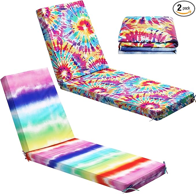 2 Pack Chaise Lounge Cushion Covers Outdoor (Not Includes Cushions) Waterproof Chair Cushion Replacement Covers 72 x 21 x 3 Inch for Patio Pool Lawn Slipcover with Ties(Tie-dye)
